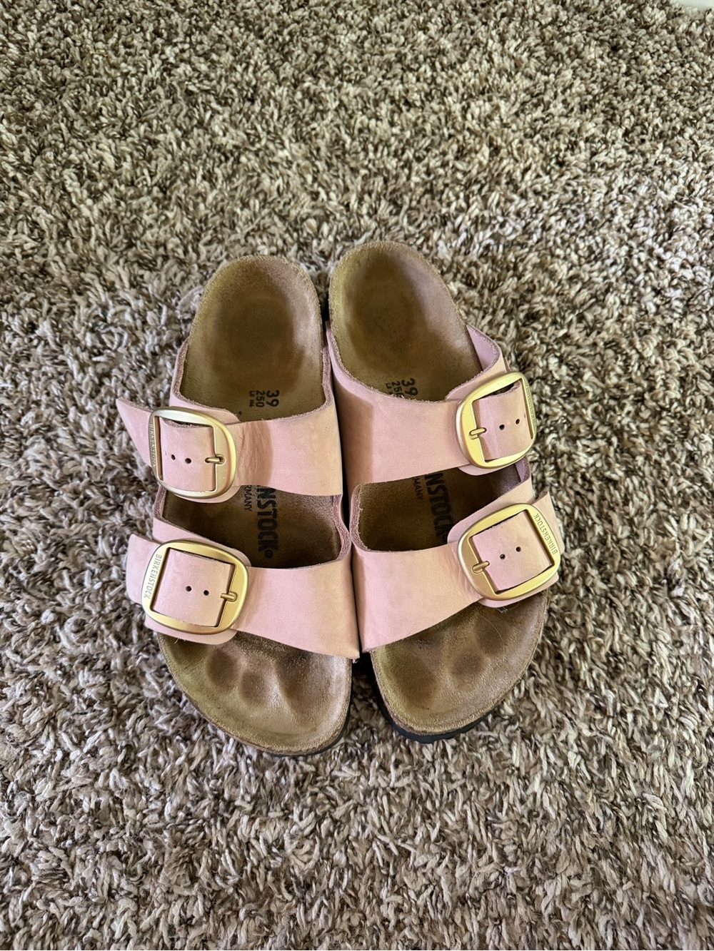 Birkenstock Arizona Pink Double-Buckle Sandals with Gold Buckles